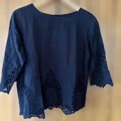 GLOBAL WORK ネイビー レース刺繍シャツ S