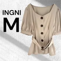 イング カットソー トップス ショート丈 ランタンスリーブ 半袖 ボタン M