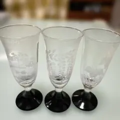 江戸花切子 エッチング装飾 フレア型グラス 3個セット