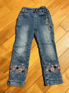 アナスイ　パンツ　デニム　ジーンズ　裏起毛　刺繍　花柄　猫　あたたかい　100