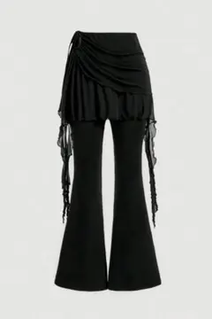 サイドのリボンデザインが入ったブラックのフレアパンツ　ドローストリング付き