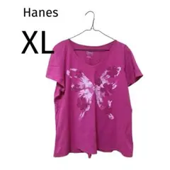 Hanes ピンク蝶花Tシャツ [XL] スポーツ ヨガ ダンス