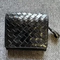 ikkaブラックレザー編み込み二つ折り財布