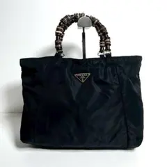 【美品✨】プラダ ウッドハンドル トートバッグ ナイロン 三角プレート 黒色