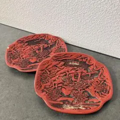 E壁 【伝統工芸】鎌倉彫 銘々皿 2枚セット 朱塗り 漆器 彫刻 和菓子皿