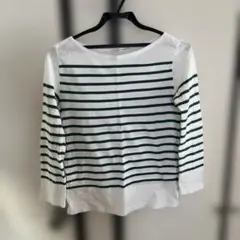 MACPHEE ボートネック長袖Tシャツ ホワイト/グリーンストライプのサムネイル