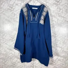 【マウジー】刺繍チュニック（青）サイズF コットン Ｖネックのサムネイル