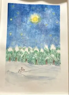 ハンドメイド絵画 水彩画 雪だるまの親子