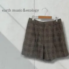 【レディース】ショートパンツ チェック柄 ブラウン 毛混 M 秋冬 ゴムウエスト