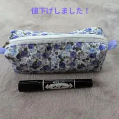 【訳ありお買い得】ペンケース 筆箱 ハンドメイド 薔薇 花柄 大容量 青