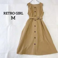 【レトロガール】ベルト付き ノースリーブ ワンピース ベージュ M