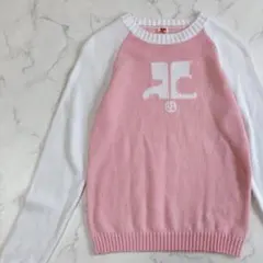 courreges クレージュ ロゴニット 38 ピンク×ホワイト 綿100%