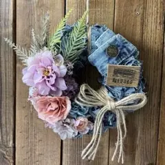 ハンドメイド　デニム　フラワー　リース