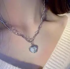 ネックレス　レディース　ハート　乳白色　水色　韓国