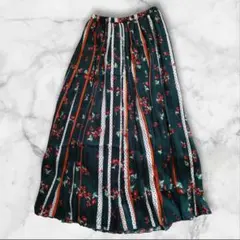 IENA イエナ 花柄プリーツロングスカート ドット ストライプ グリーン