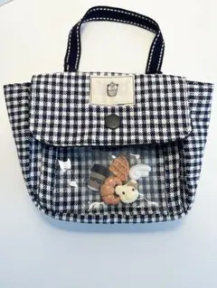 バッグにつけれるミニポーチ[ハンドメイド]透明ポケット、ネイビーギンガムチェック