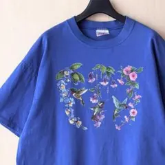 90s USA製古着　ヴィンテージTシャツ　ハチドリと花々　アート　薄らボーダー