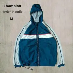 90s Champion 腕ロゴ ライン ナイロンジャケット くすみブルーМ