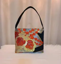 和風花模様シルク着物帯のリメイクトート、ハンドバッグ