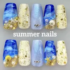 【サイズオーダー無料◎】夏ネイルチップ　海ネイル　ニュアンス　マーブル