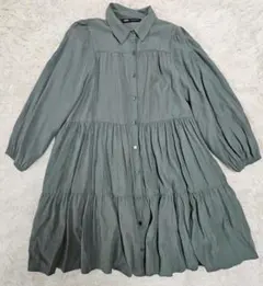 ZARA ザラ ティアード 長袖 ひざ丈ワンピース カーキ レディース S