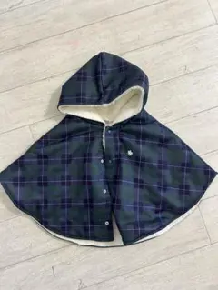 フード付きグリーン・パープルチェックポンチョ