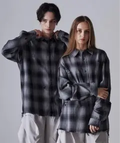 ⭐︎CLEL ヴィンテージデザイン ダメージチェックシャツ ブラック系 M