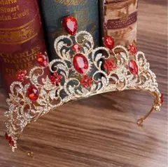 ティアラ 王冠 レッド 宝石風 ゴールド 結婚式 発表会