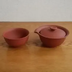 【美品】中国茶器２点セット 宜興紫砂 朱泥 茶壺＆茶杯のセット 急須 宝瓶