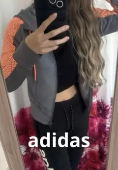 adidas グレー オレンジ ジップアップパーカー M