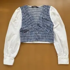 ZARA ブルー系ツイード ドッキングシャツ S