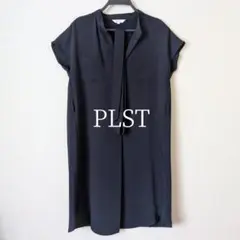美品 プラステ とろみ シャツワンピース ウエストマーク ネイビー