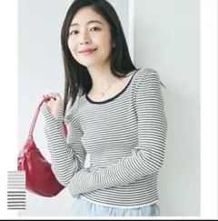 coca ボーダー リブニットボートネックトップス L