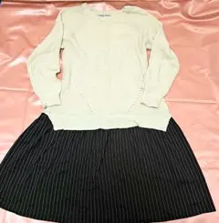 【Lサイズ/洗える】セットアップ風 ニットワンピース 膝丈ベージュ ストライプ