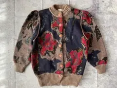 レトロ花柄 総柄ニットカーディガン ウール混 ブラウン 古着