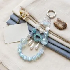 ハンドメイド ビーズチャーム ストラップ ブルー系