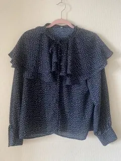 ネイビー ドット柄 フリルブラウス 長袖