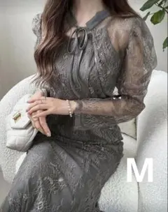 M レース シアー ワンピース ロング グレー 結婚式 二次会 パーティー
