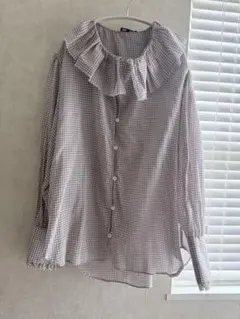 フリル付きチェック柄シャツ S