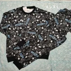 新品 メンズ L スヌーピー総柄 薄手長袖トップス&長ズボン パジャマ 黒