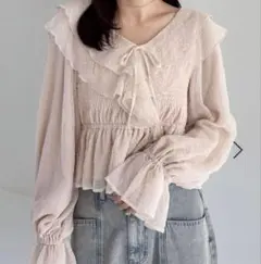 Heather シアーチェックフリルブラウス ピンク