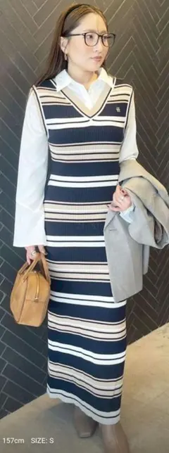 新作 シャツレイヤードボーダーニットワンピース