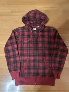old uniqlo チェック　ジップパーカー　レッド　ダブルジップ　ブラック