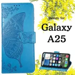 Galaxy A25 5G 手帳型 ケース 蝶 レザー カバー ブルー