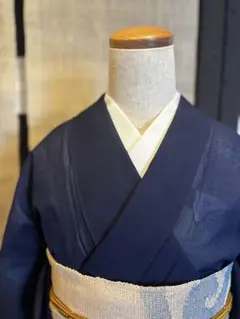 美品［ 色無地/紗 ］混紡 麻/ポリ 紺色 地紋 流水 夏着物 薄物 夏物
