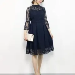 RUIRUE BOUTIQUE」レース7分袖ワンピース M ネイビー レディース
