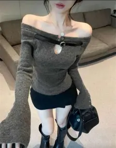オフショルダー ニットセーター ダークグレー
