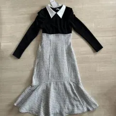 新品　ワンピース　M ロングワンピース　チェック　上品　モノトーン