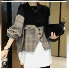チェック柄レイヤード長袖トップス　韓国 　異素材　可愛い　オシャレ　ドッキング