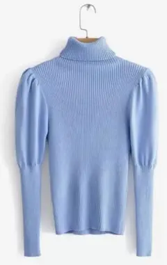 【人気！】タートルネック　即日発送可！　ブルー　パフスリーブニット